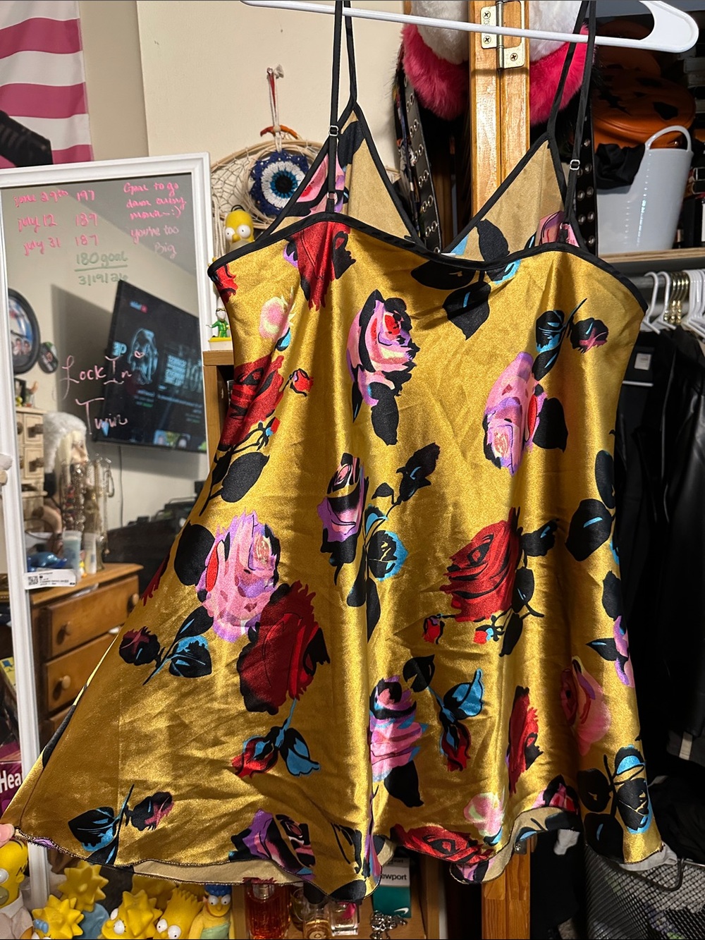 Gold Satin Floral Slip Dress with Pink & Red Roses - Picture 3 of 3